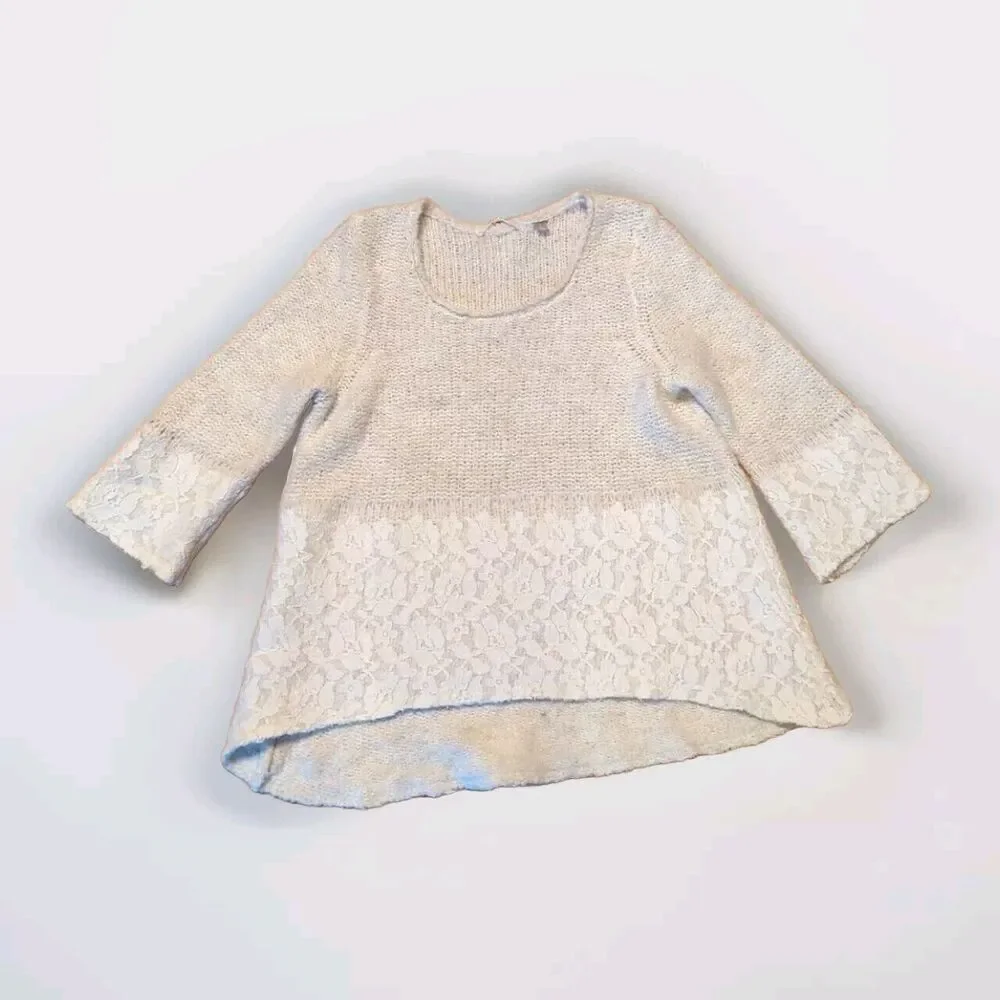 Anthropologie Knitted & Knotted Sweater Womens M Ivory Felted Lace Wool Boho